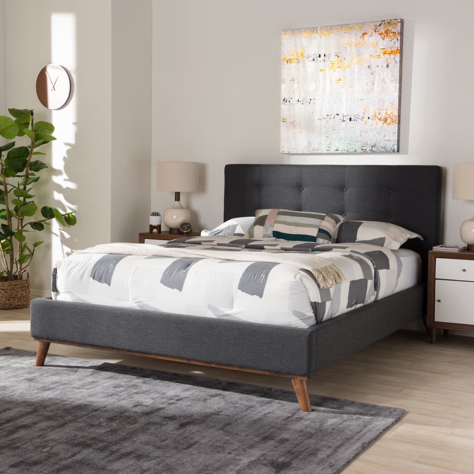 Valencia Mid-Century Modern Dark Grey Fabric Queen Size Platform Bed