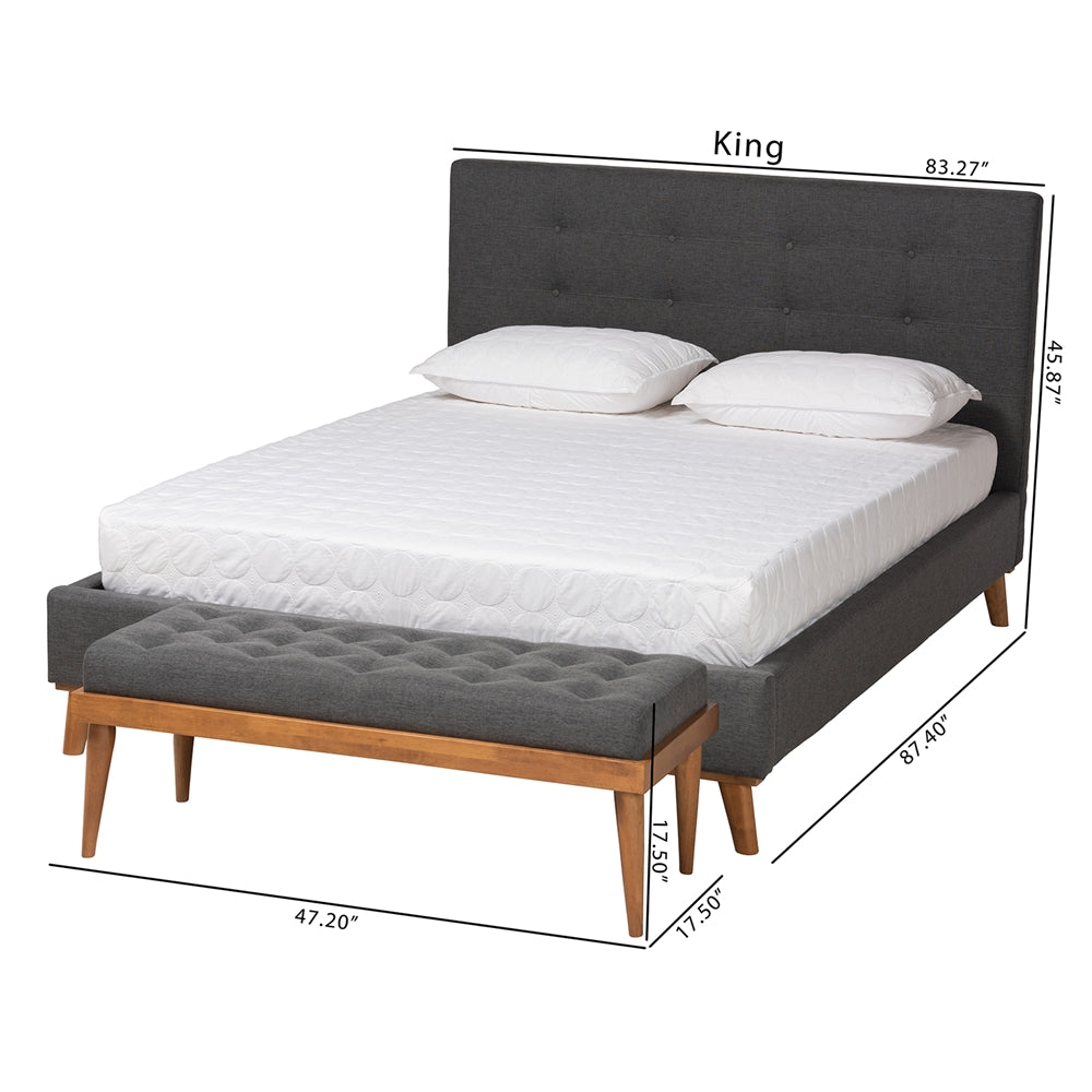 Valencia Mid-Century Modern Dark Grey Fabric Upholstered King Size 2-Piece Bedroom Set