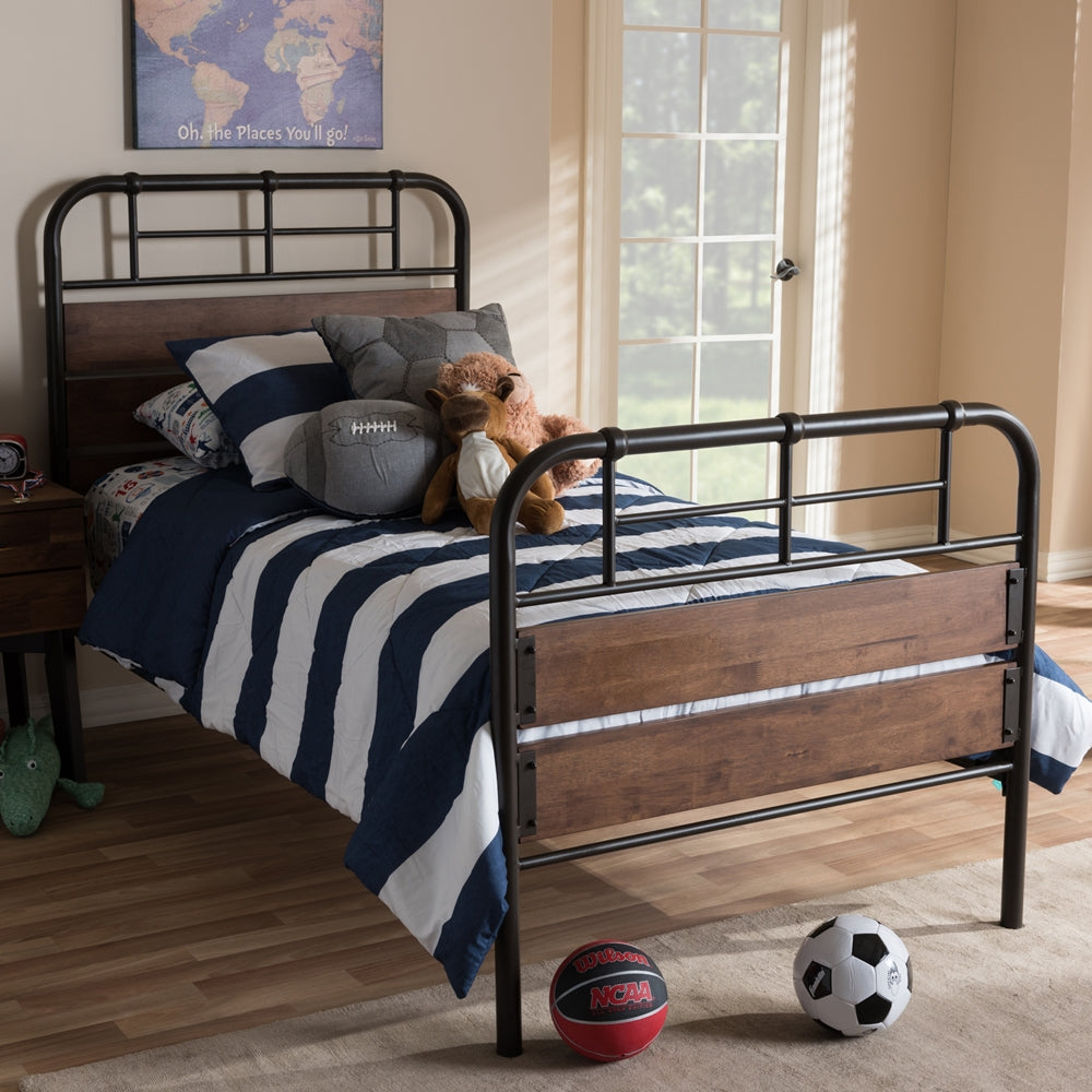 Monoco Rustic Black Finished Metal Coco Brown Wood Twin Size Platform Bed