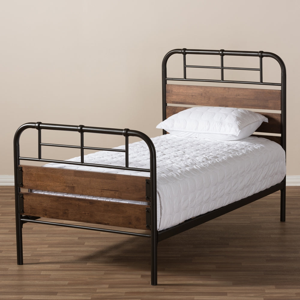 Monoco Rustic Black Finished Metal Coco Brown Wood Twin Size Platform Bed