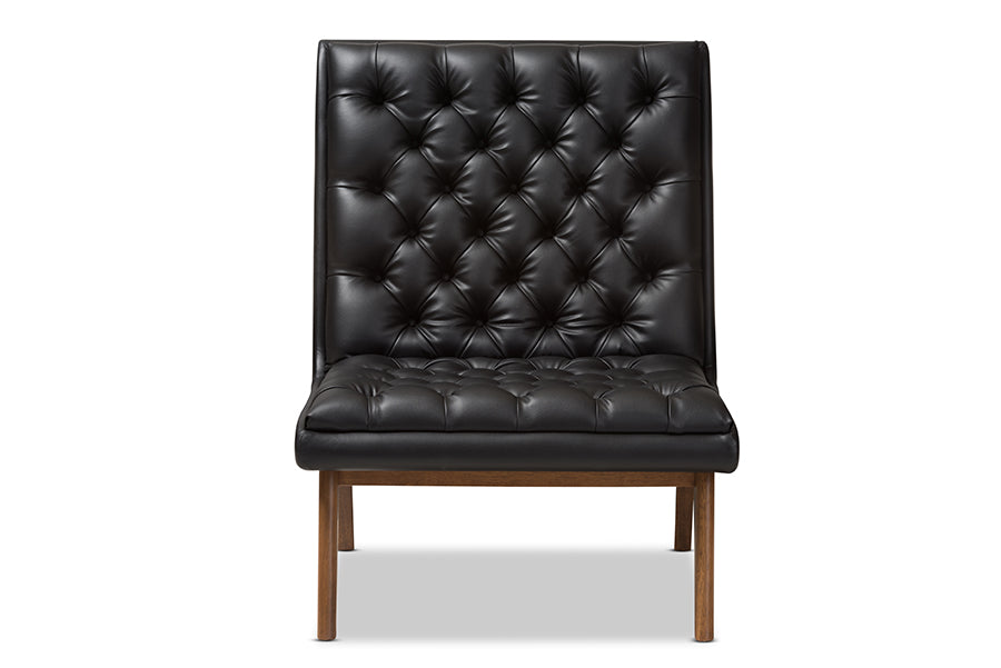 Annetha Mid-Century Modern Black Faux Leather Upholstered Walnut Finished Wood Lounge Chair