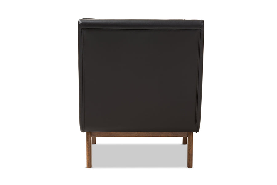 Annetha Mid-Century Modern Black Faux Leather Upholstered Walnut Finished Wood Lounge Chair