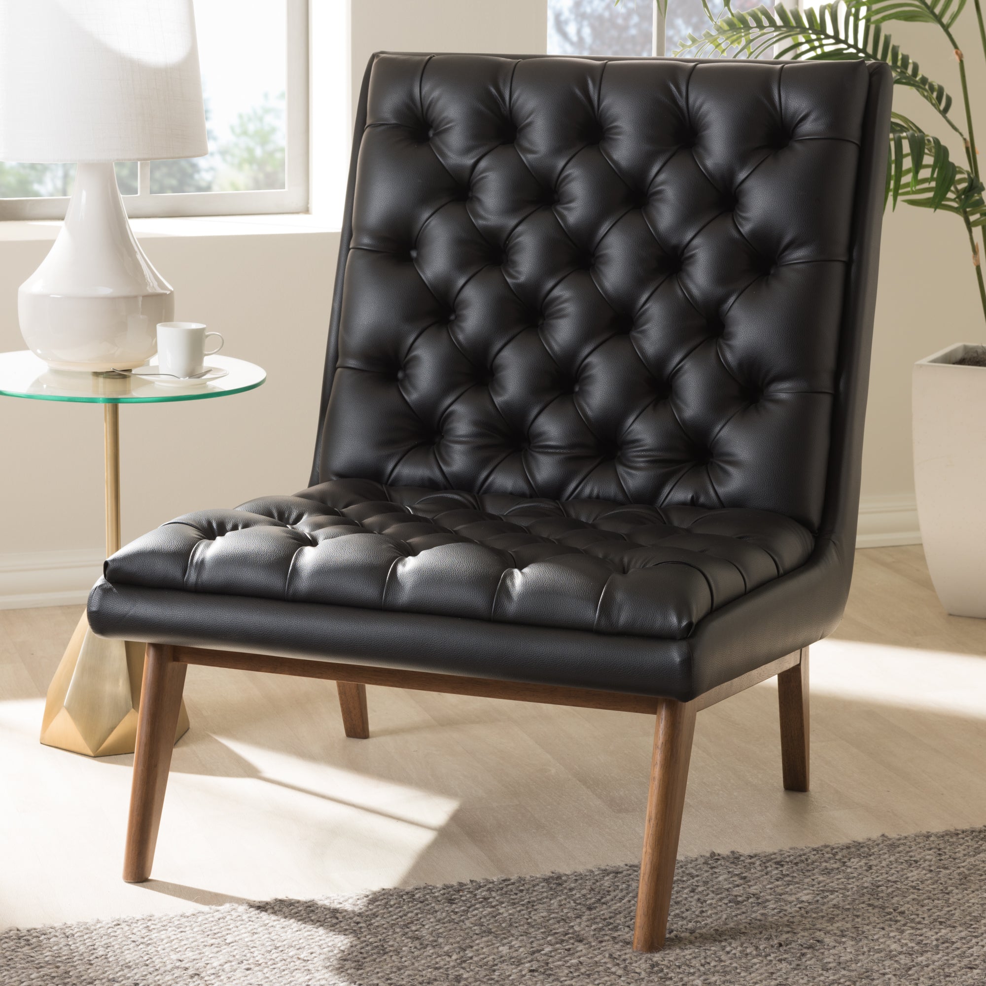Annetha Mid-Century Modern Black Faux Leather Upholstered Walnut Finished Wood Lounge Chair