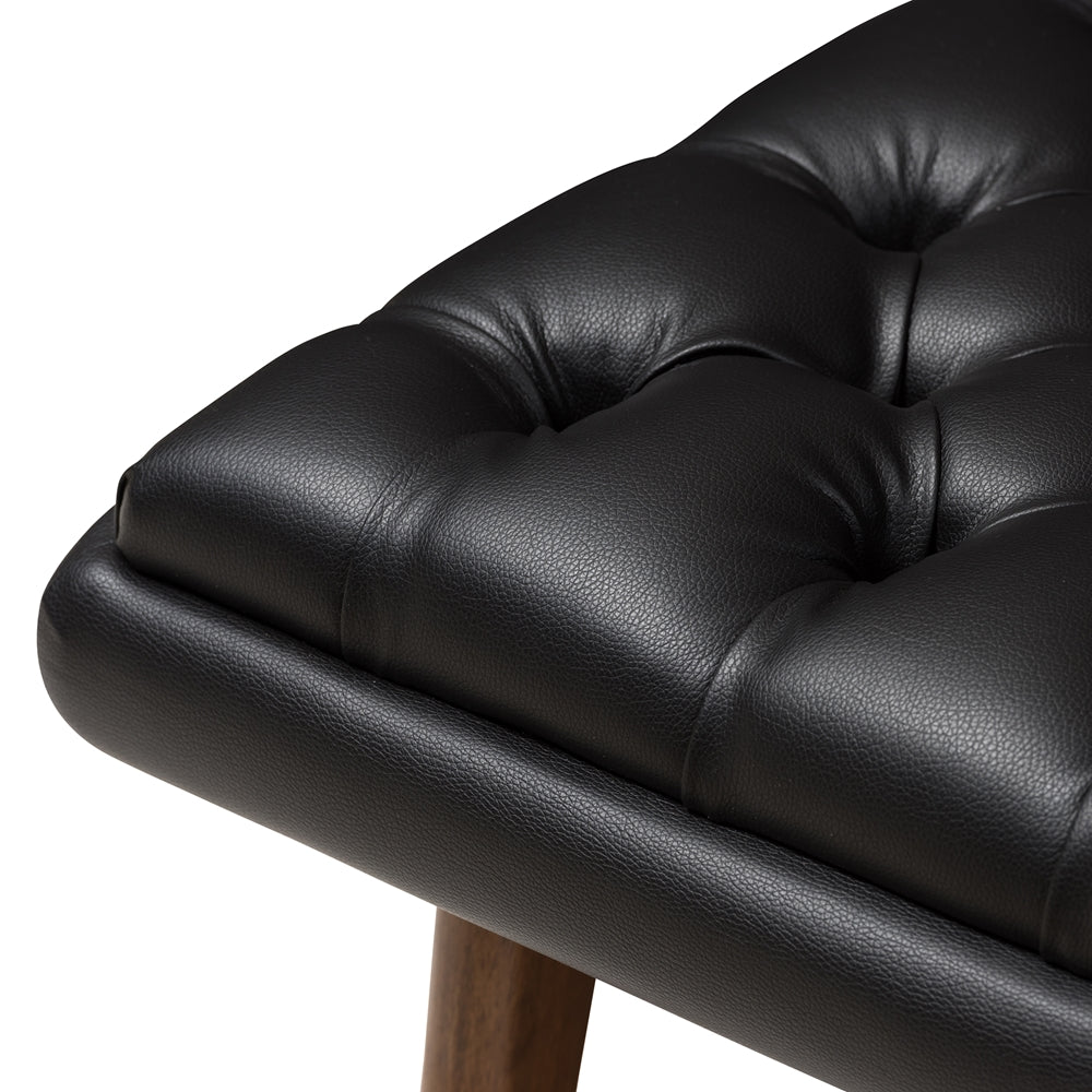 Annetha Mid-Century Modern Black Faux Leather Upholstered Walnut Finished Wood Ottoman