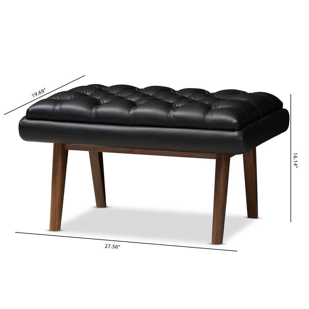Annetha Mid-Century Modern Black Faux Leather Upholstered Walnut Finished Wood Ottoman