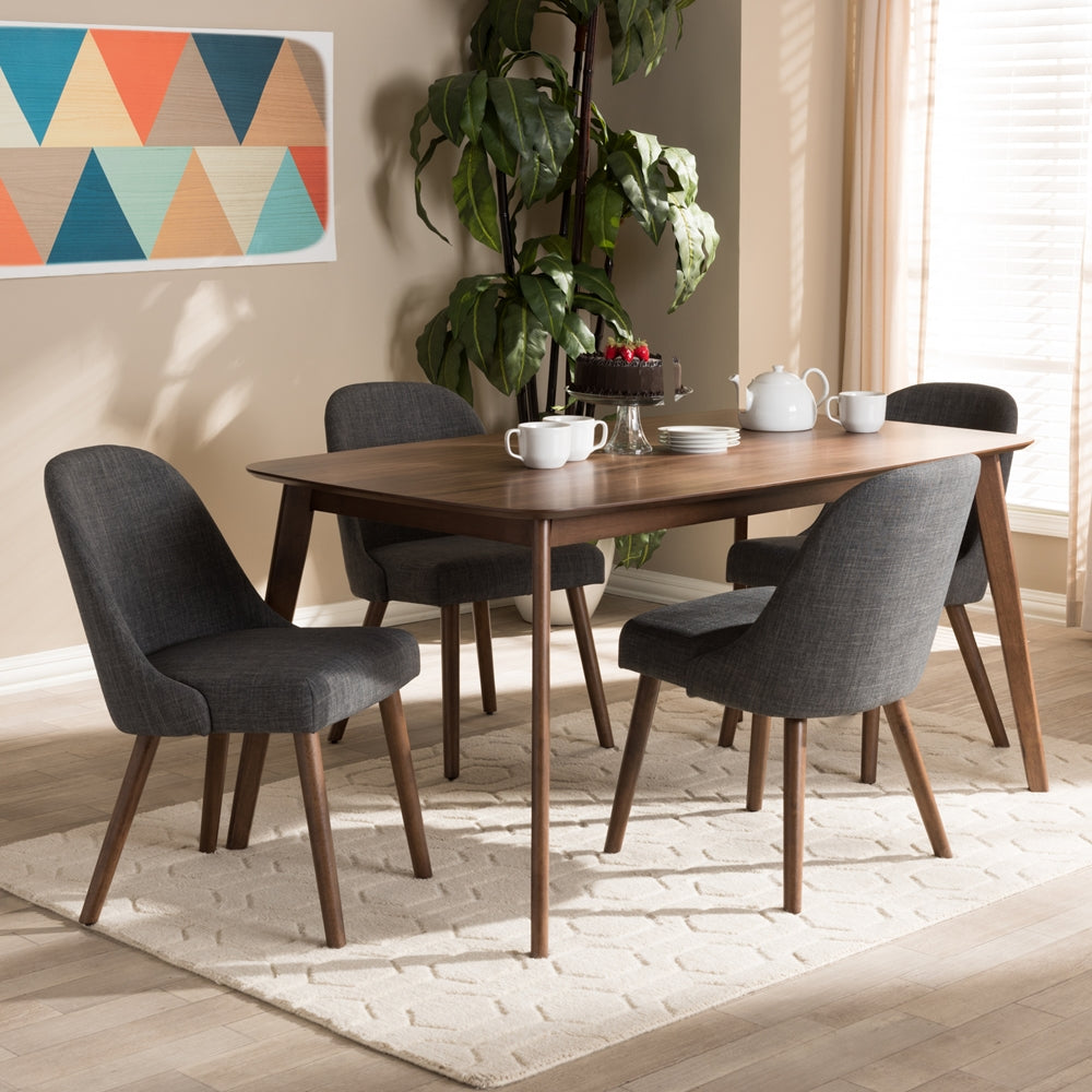 Cody Mid-Century Modern Grey Fabric Upholstered Walnut Finished Wood 5-Piece Dining Set