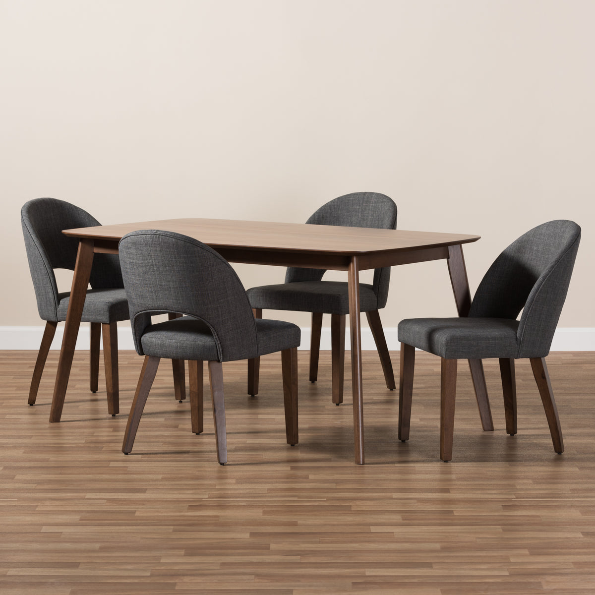 Wesley Mid-Century Modern Grey Fabric Upholstered Walnut Finished Wood 5-Piece Dining Set
