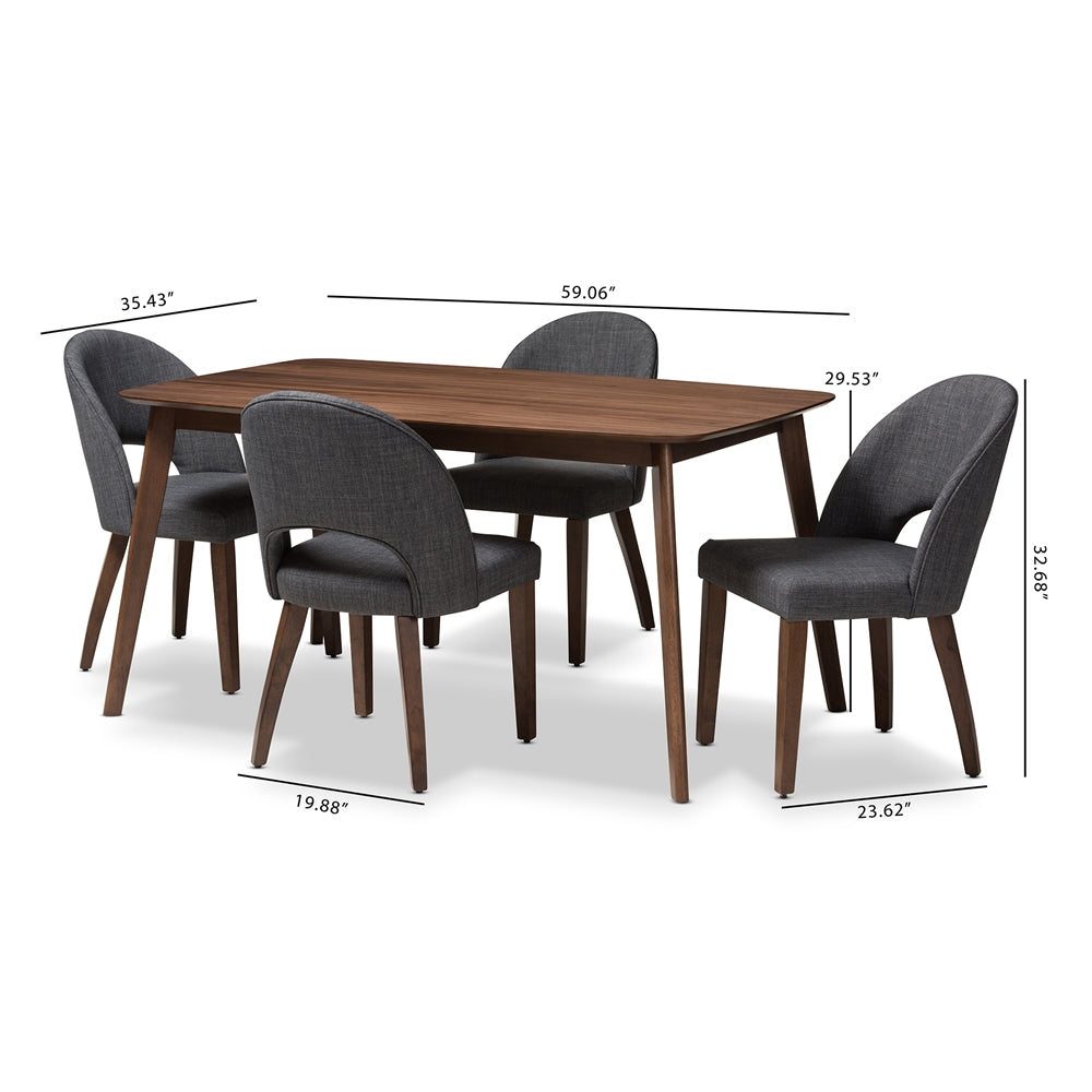 Wesley Mid-Century Modern Grey Fabric Upholstered Walnut Finished Wood 5-Piece Dining Set