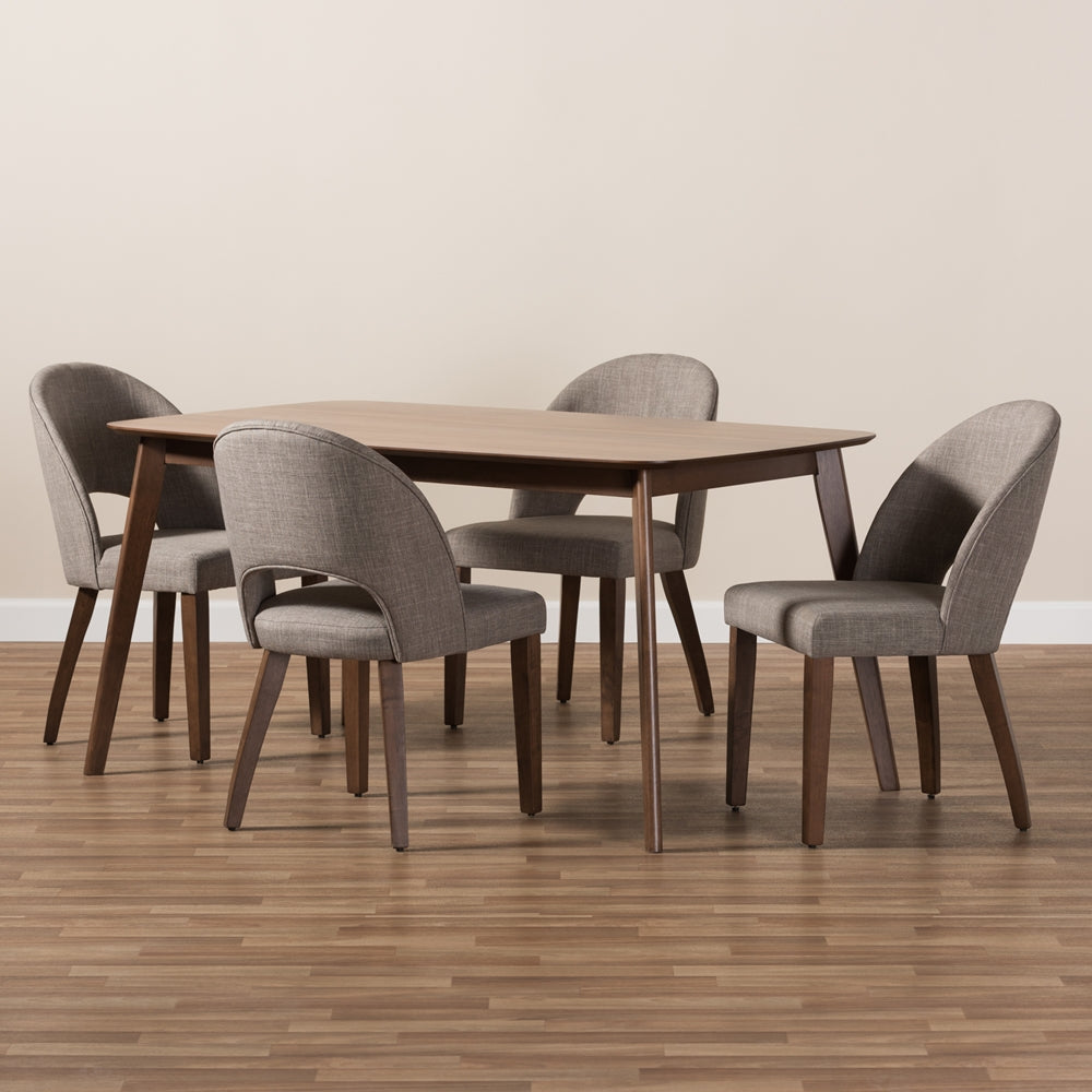 Wesley Mid-Century Modern Light Grey Fabric Upholstered Walnut Finished Wood 5-Piece Dining Set