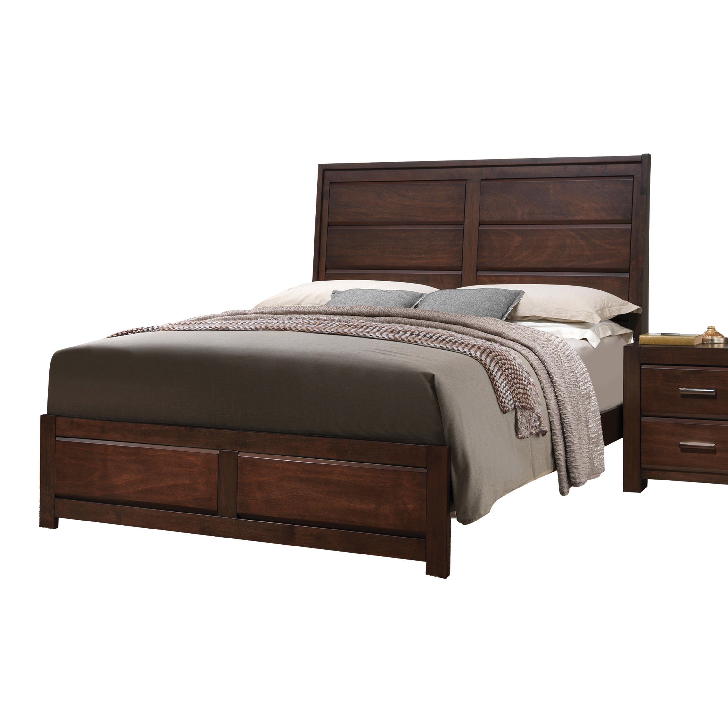Raman Oberreit Queen Walnut Wood Bed – Transitional Style with Panel Headboard