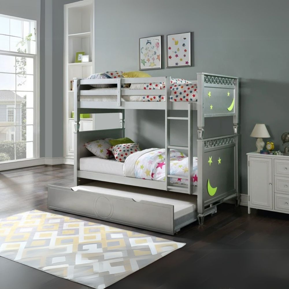 Lene Valerie Twin Bunk Bed Silver Finish – Compact Metal Frame for Kids Room
