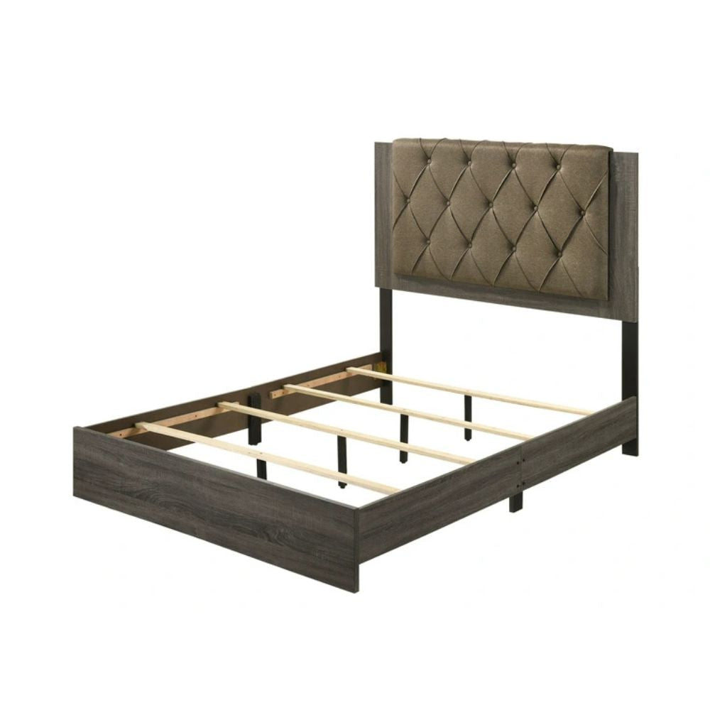 Sally Eastern King Rustic Gray Oak Fabric Platform Bed – Transitional Button Tufted Headboard