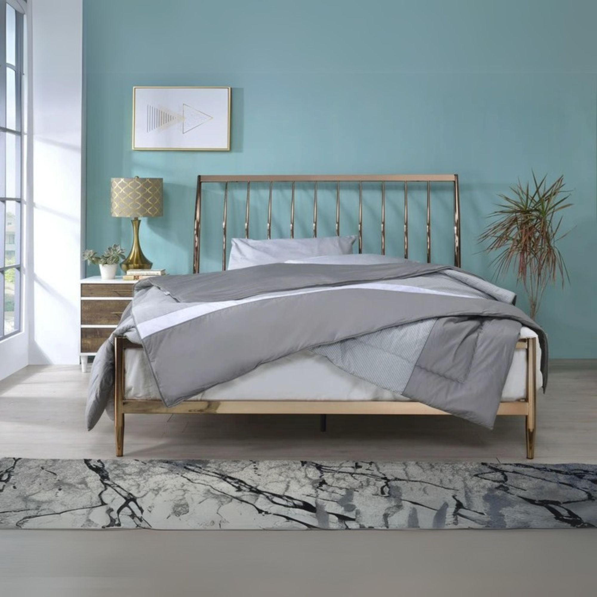 Stalwart Marianne Queen Copper Metal Bed – Traditional Style with Scroll Headboard