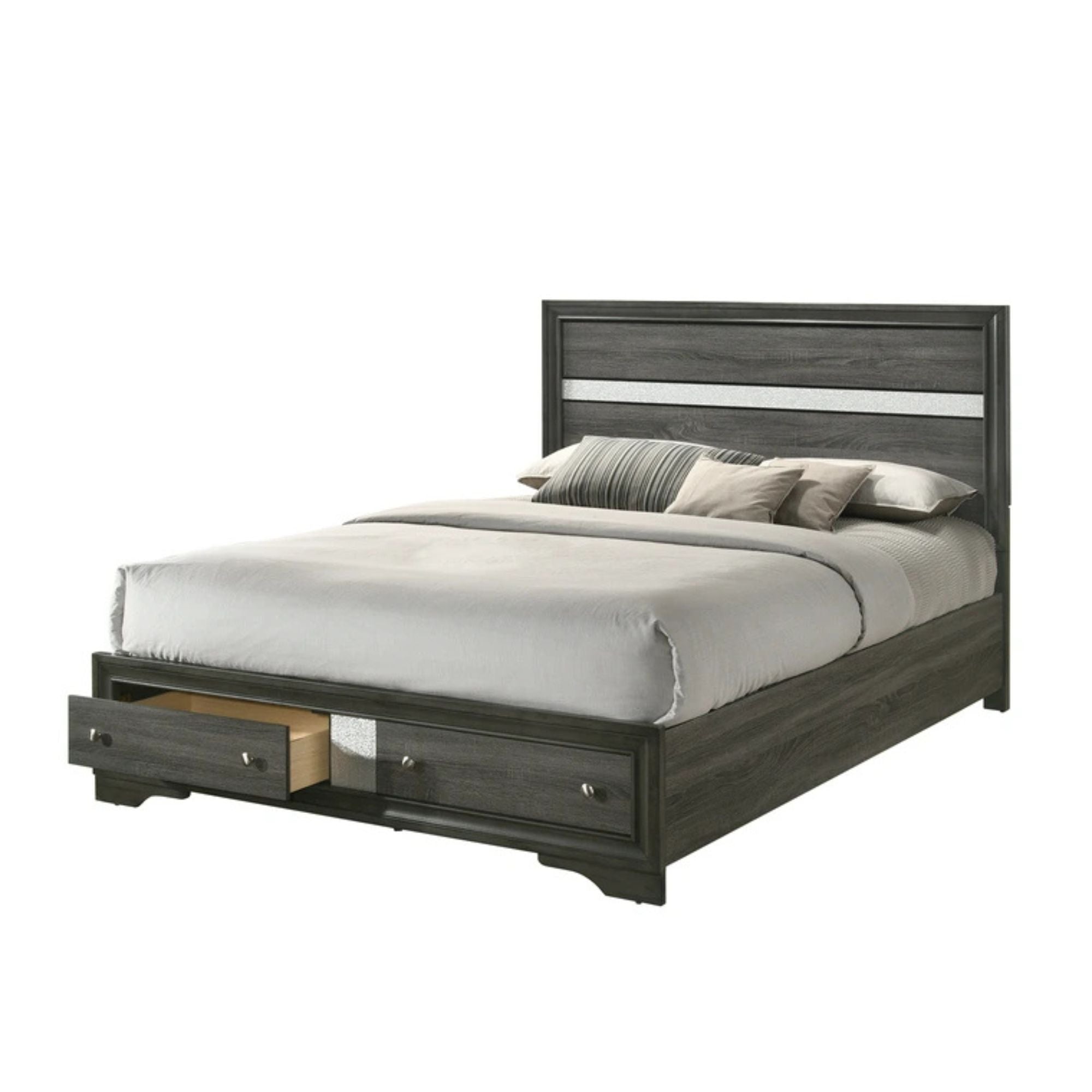 Acrylic Naima Eastern King Gray Wood Bed – Contemporary Panel Design with Storage