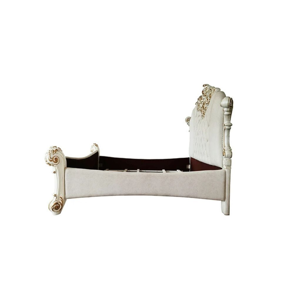 Rococo Vendome Eastern King Ivory Fabric Bed – Luxurious Antique Pearl Finish, Carved Accents