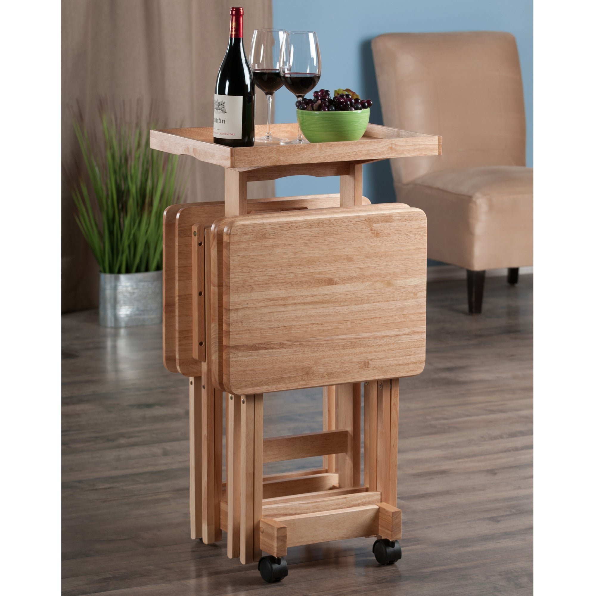 Isabelle Set of 4 Snack Tables with Mobile Stand and Removable Tray, Natural