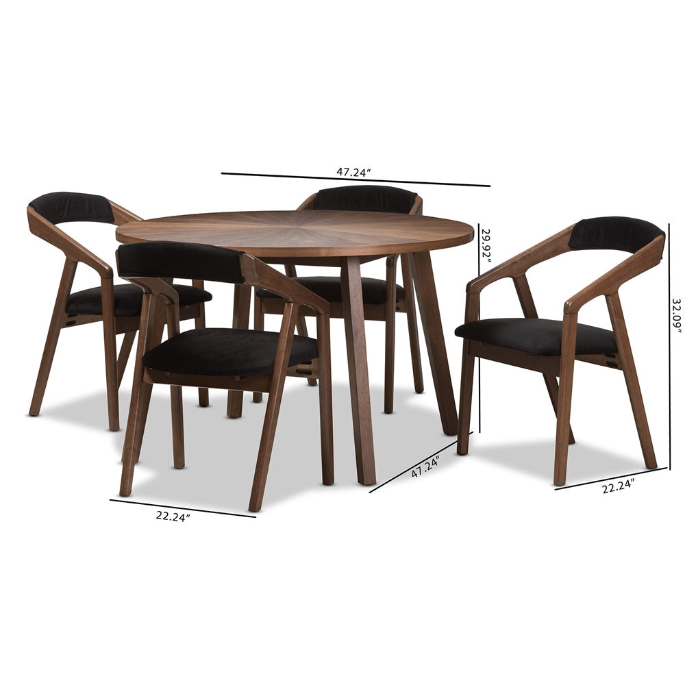 Wendy Mid-Century Modern Black Fabric and Walnut Medium Brown Wood Finishing Dining Set