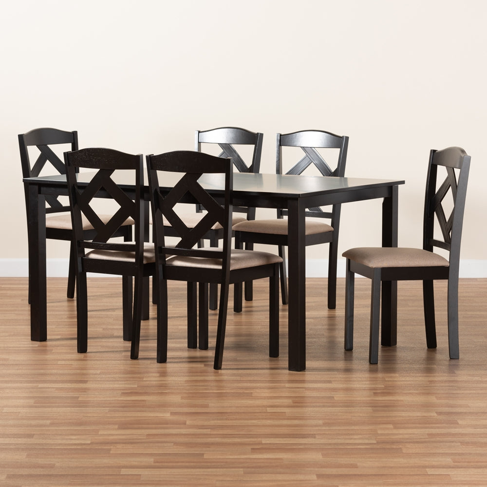 Ruth Sand Fabric Upholstered and Dark Brown Finished Wood 7-Piece Dining Set