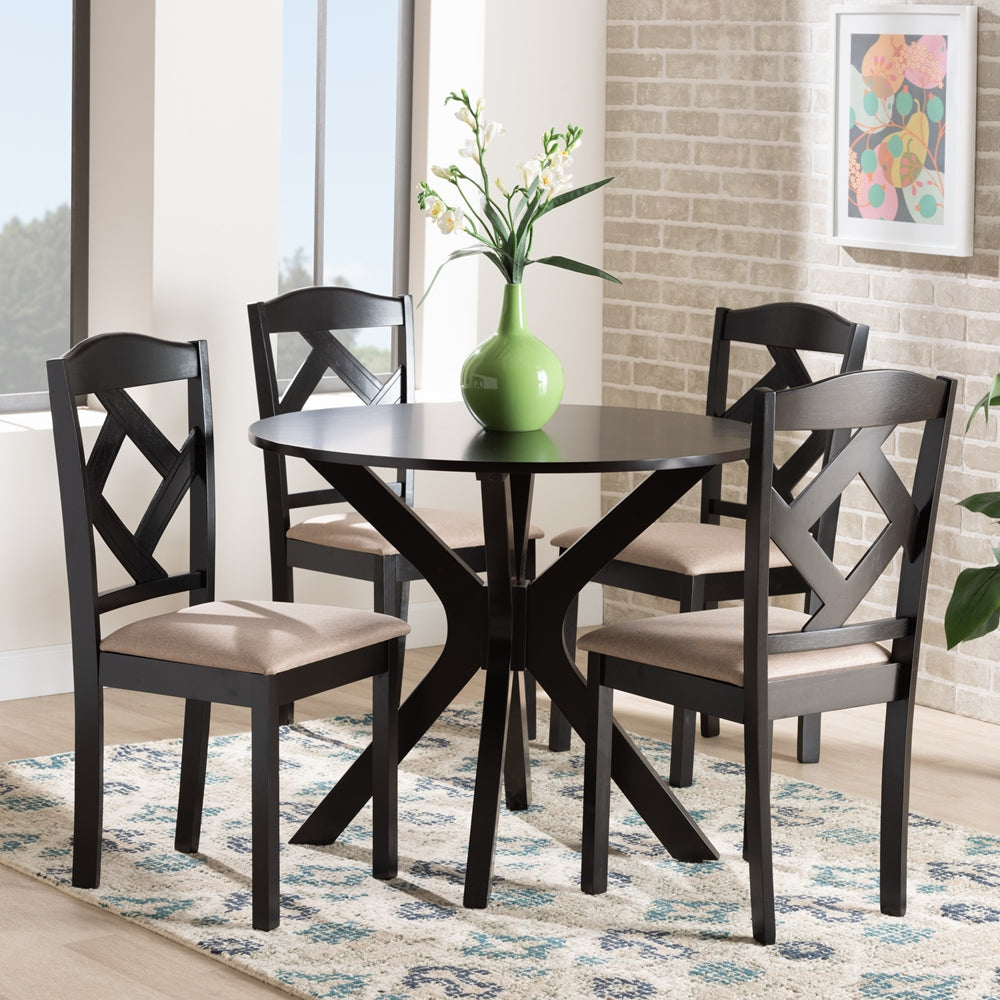 Carlin Sand Fabric Upholstered and Dark Brown Finished Wood 5-Piece Dining Set