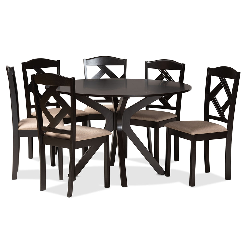 Carlin Sand Fabric Upholstered and Dark Brown Finished Wood 7-Piece Dining Set