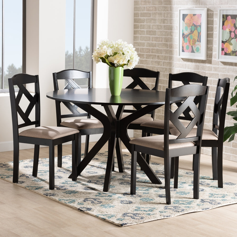 Carlin Sand Fabric Upholstered and Dark Brown Finished Wood 7-Piece Dining Set