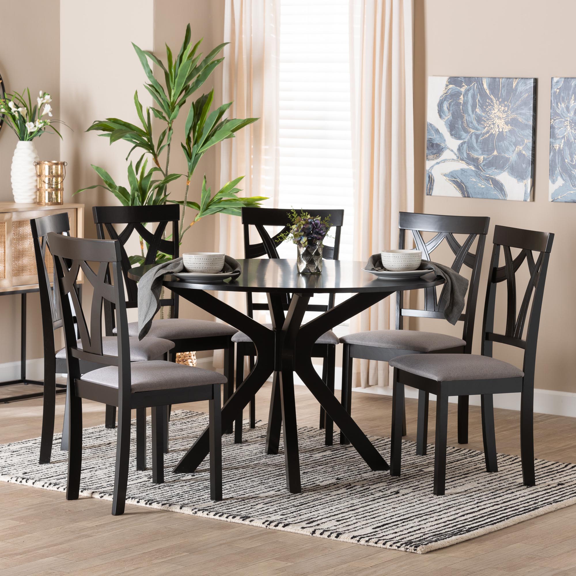 Luise Modern Grey Fabric and Dark Brown Finished Wood 7-Piece Dining Set