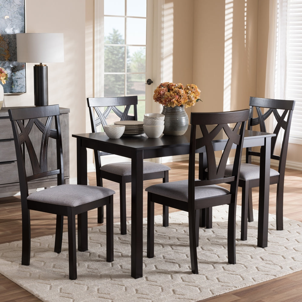 Sylvia Modern and Contemporary Grey Fabric Upholstered and Dark Brown Finished 5-Piece Dining Set