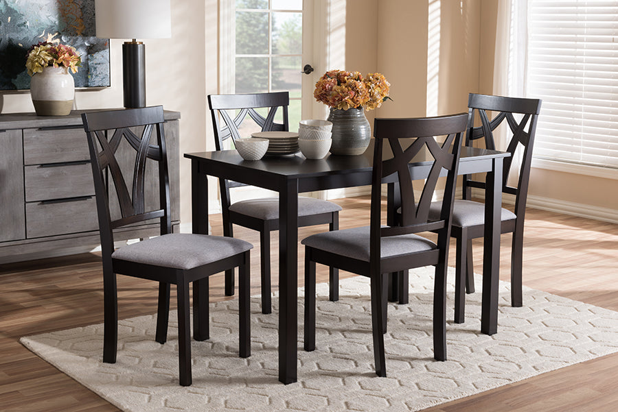 Sylvia Modern and Contemporary Grey Fabric Upholstered and Dark Brown Finished 5-Piece Dining Set