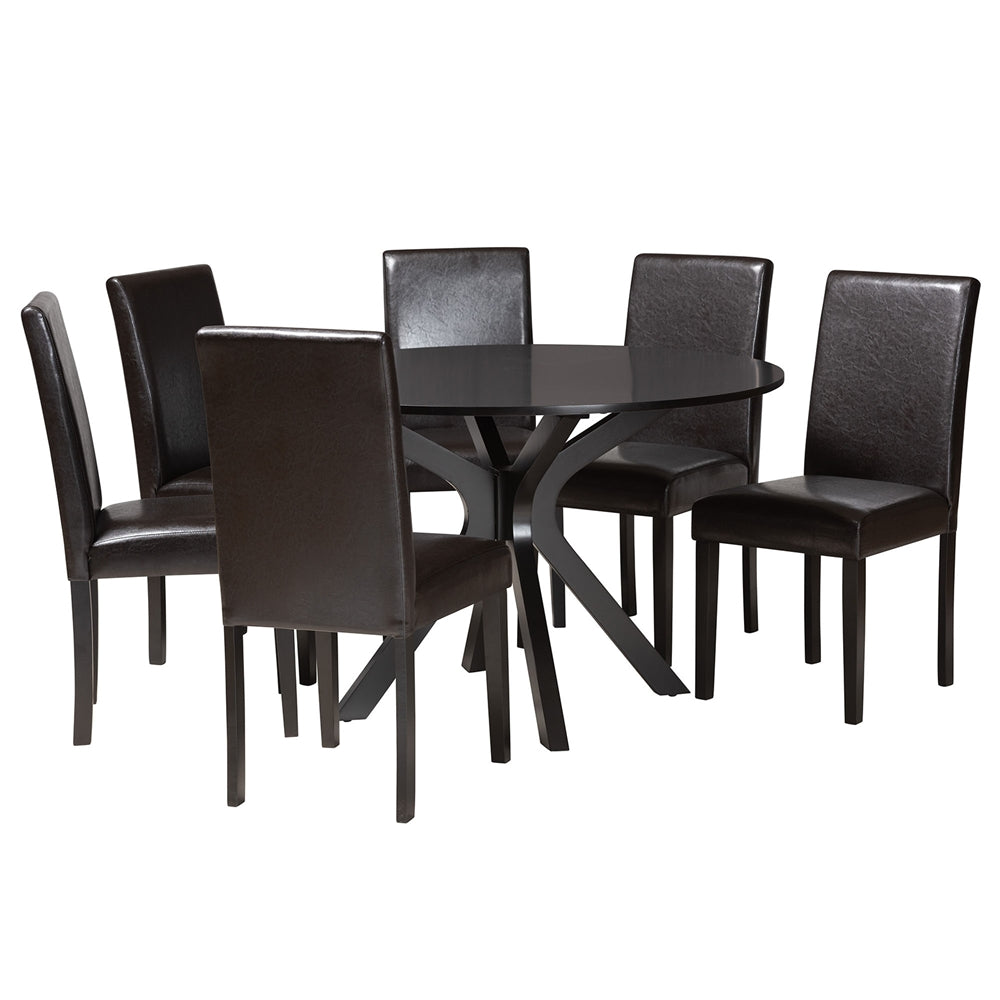 Asli Modern Espresso Brown Faux Leather and Wood 7-Piece Dining Set