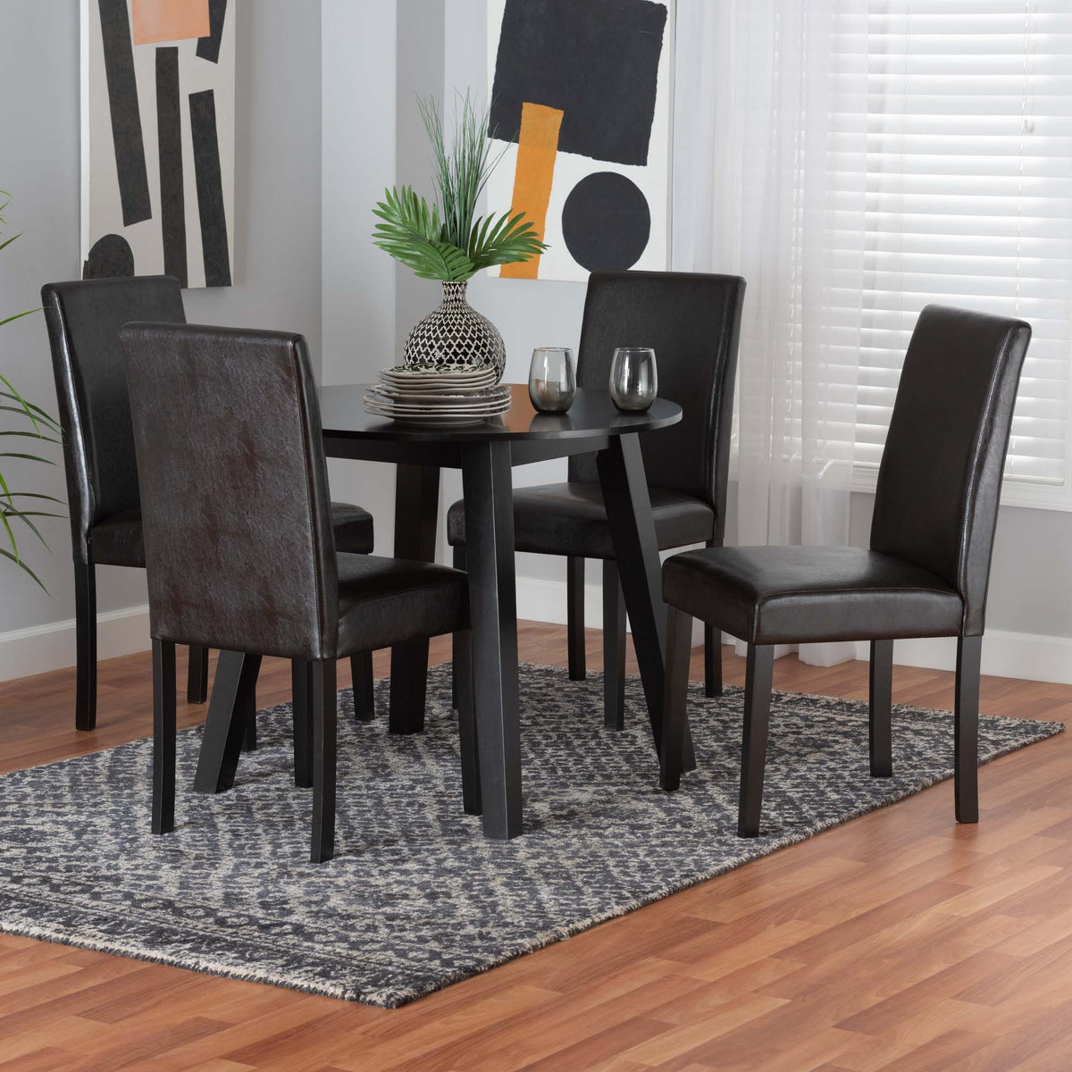 Emine Modern Dark Brown Faux Leather and Espresso Brown Finished Wood 5-Piece Dining Set