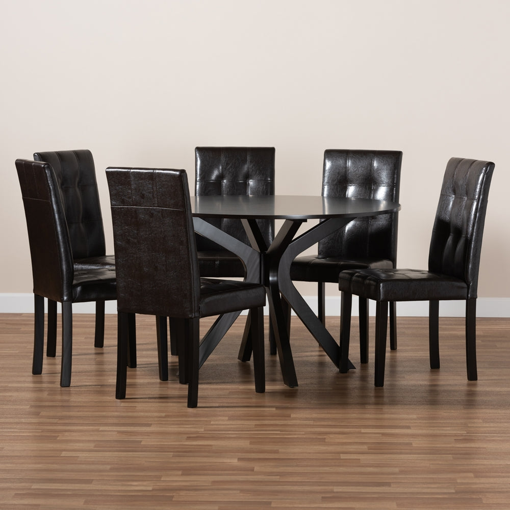 Marie Modern and Contemporary Dark Brown Faux Leather Upholstered and Dark brown Finished Wood 7-Piece Dining Set