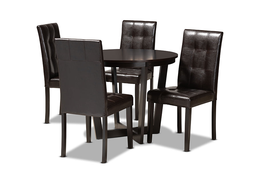 Vida Modern and Contemporary Dark Brown Faux Leather Upholstered and Dark Brown Finished Wood 5-Piece Dining Set