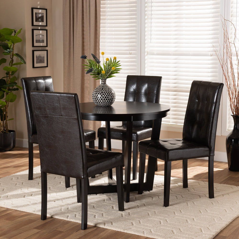 Vida Modern and Contemporary Dark Brown Faux Leather Upholstered and Dark Brown Finished Wood 5-Piece Dining Set