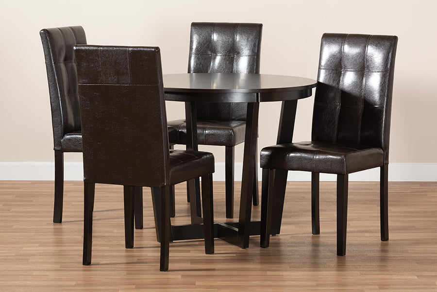 Vida Modern and Contemporary Dark Brown Faux Leather Upholstered and Dark Brown Finished Wood 5-Piece Dining Set
