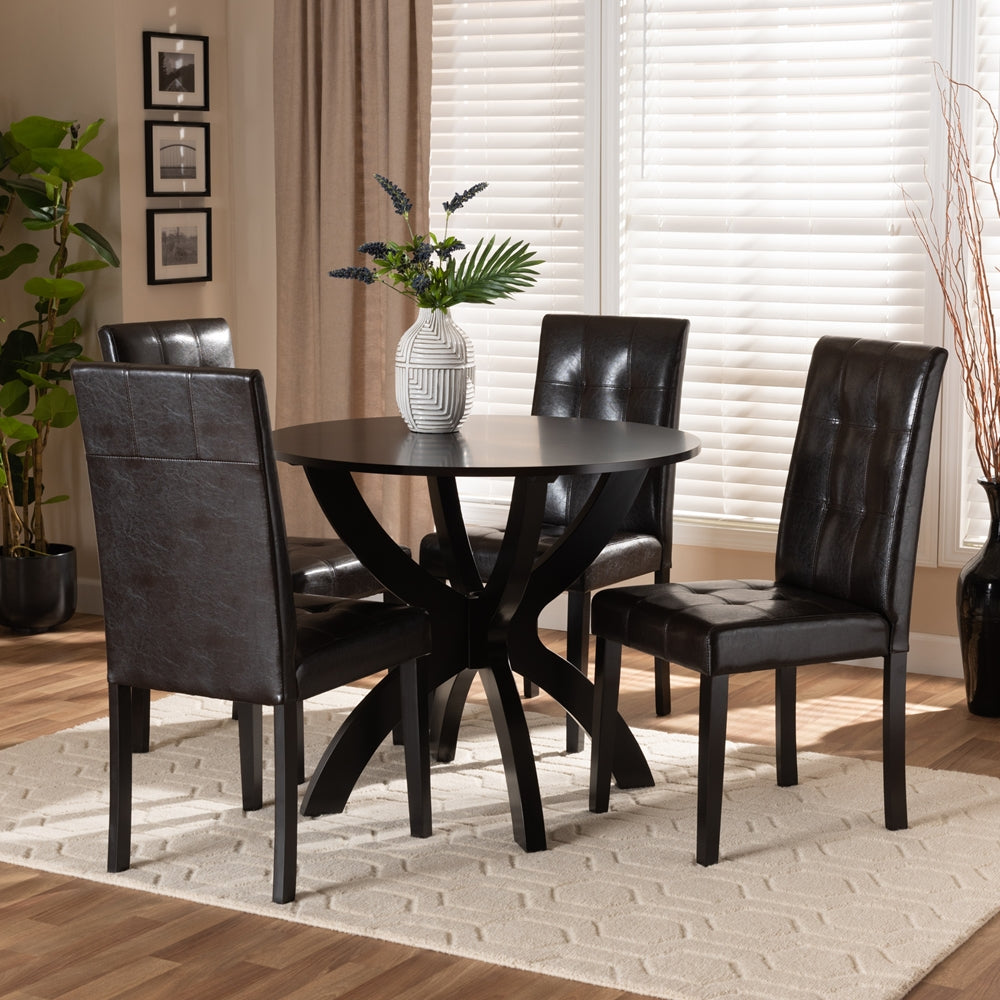 Elira Modern and Contemporary Dark Brown Faux Leather Upholstered and Dark Brown Finished Wood 5-Piece Dining Set
