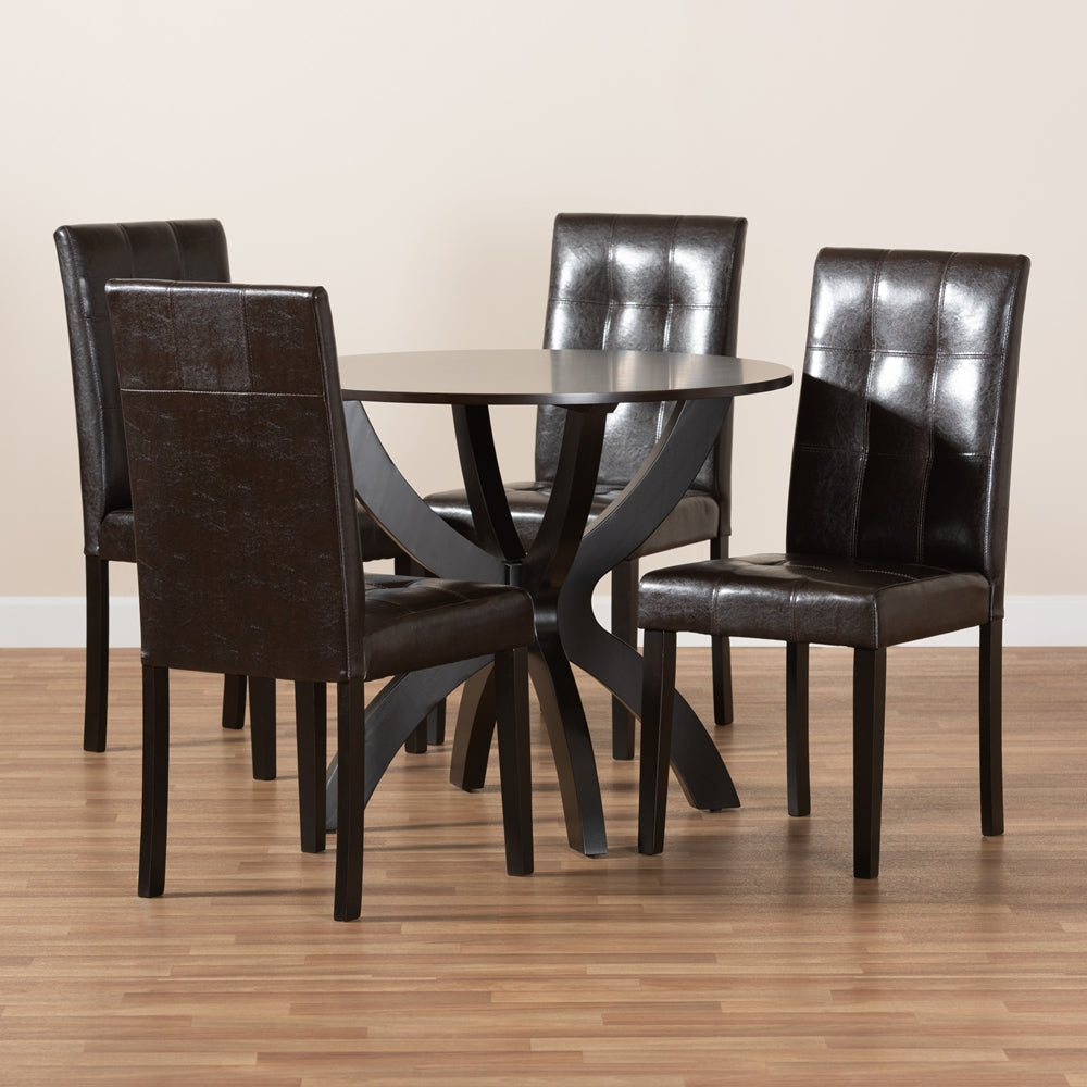 Elira Modern and Contemporary Dark Brown Faux Leather Upholstered and Dark Brown Finished Wood 5-Piece Dining Set
