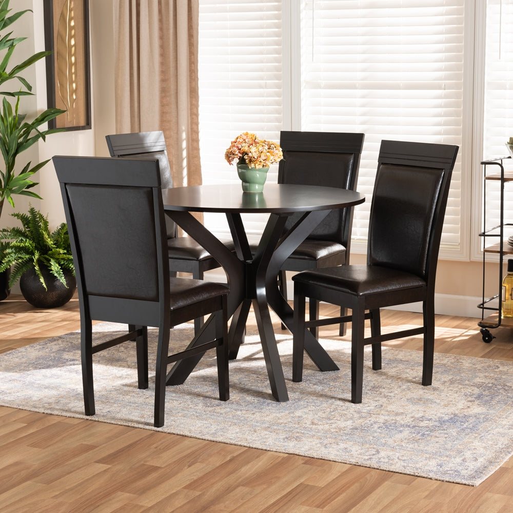 Jeane Modern and Contemporary Dark Brown Faux Leather Upholstered and Dark Brown Finished Wood 5-Piece Dining Set