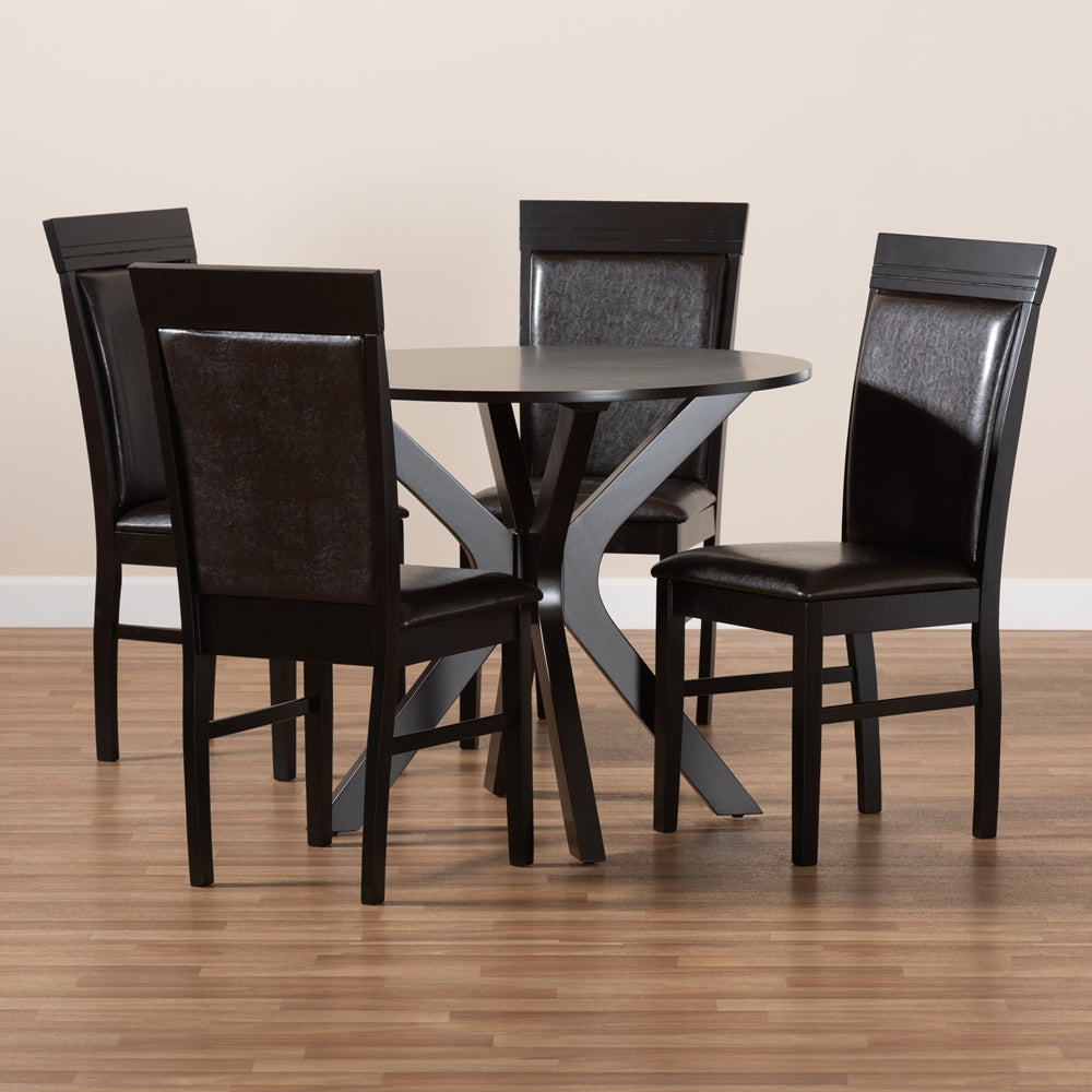 Jeane Modern and Contemporary Dark Brown Faux Leather Upholstered and Dark Brown Finished Wood 5-Piece Dining Set