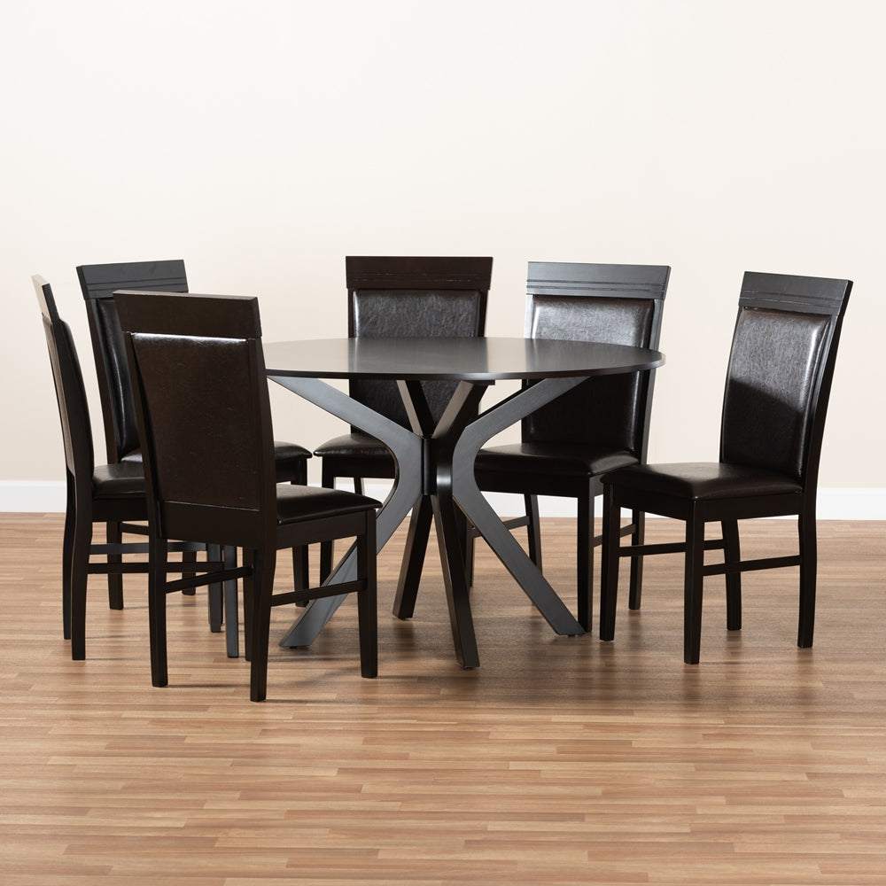Jeane Modern and Contemporary Dark Brown Faux Leather Upholstered and Dark Brown Finished Wood 7-Piece Dining Set