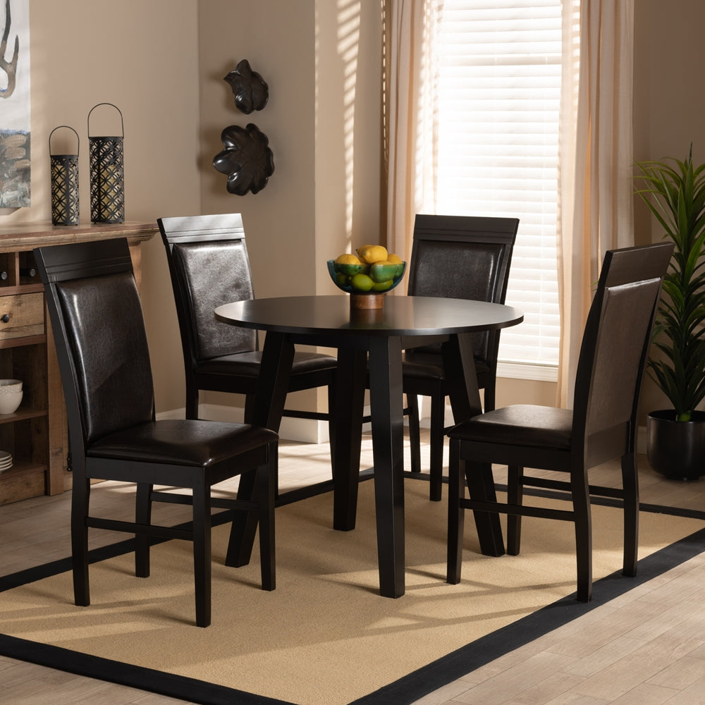 Miya Modern and Contemporary Dark Brown Faux Leather Upholstered and Dark Brown Finished Wood 5-Piece Dining Set
