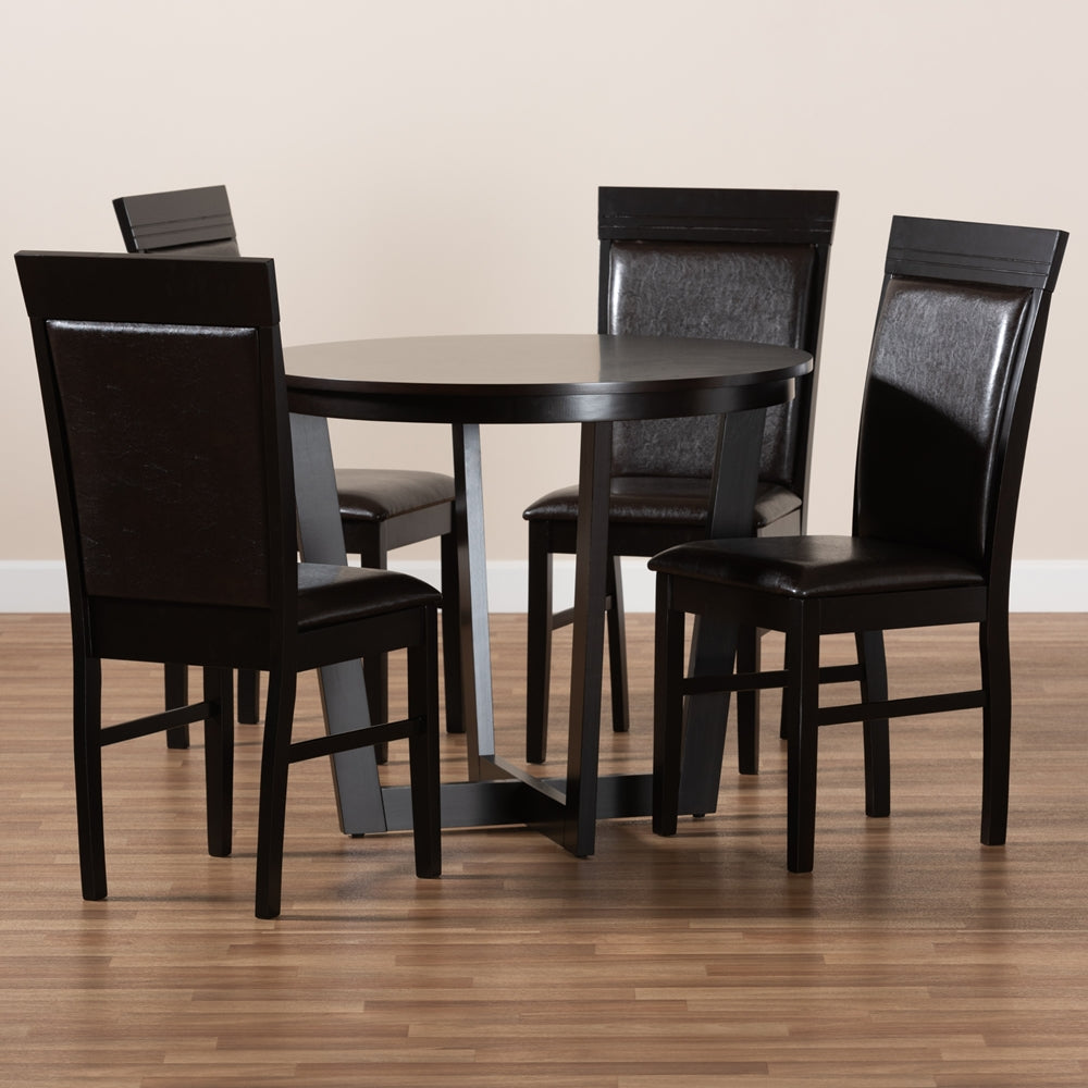 Irma Modern and Contemporary Dark Brown Faux Leather Upholstered and Dark Brown Finished Wood 5-Piece Dining Set