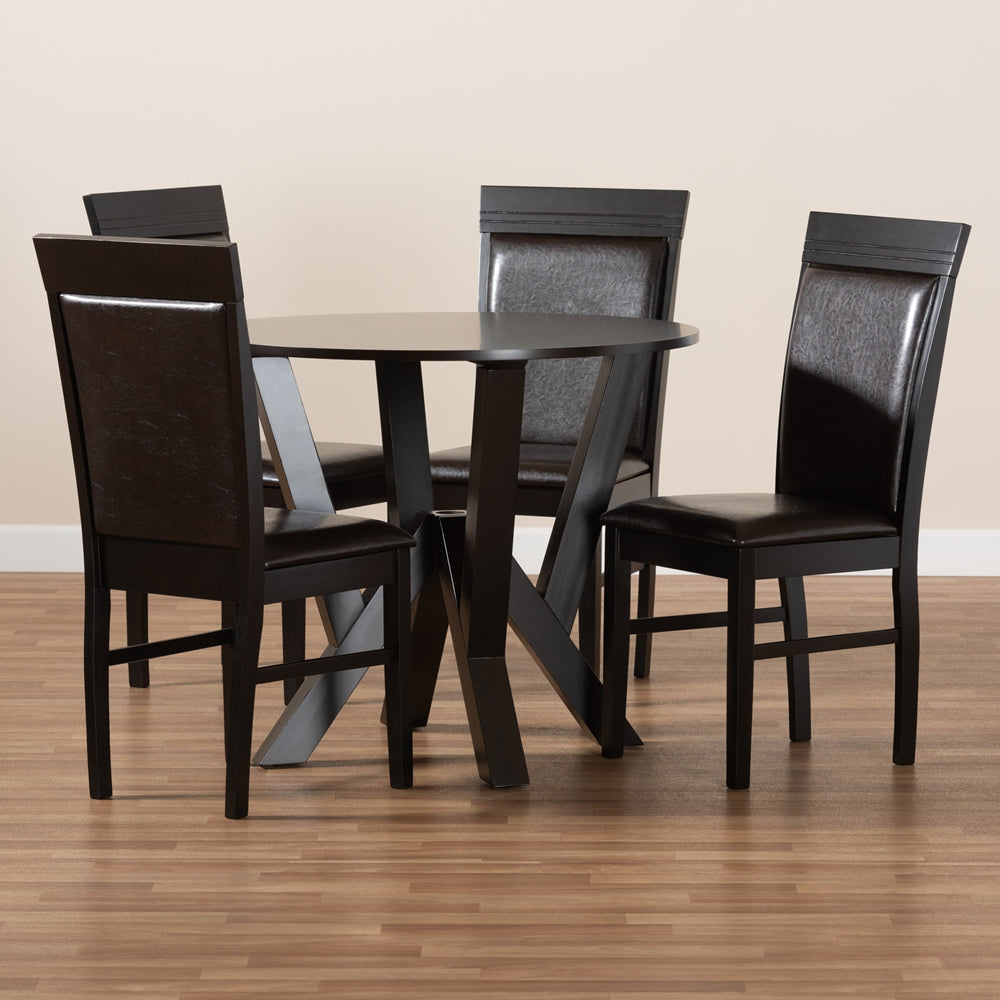 Nada Modern and Contemporary Dark Brown Faux Leather Upholstered and Dark Brown Finished Wood 5-Piece Dining Set