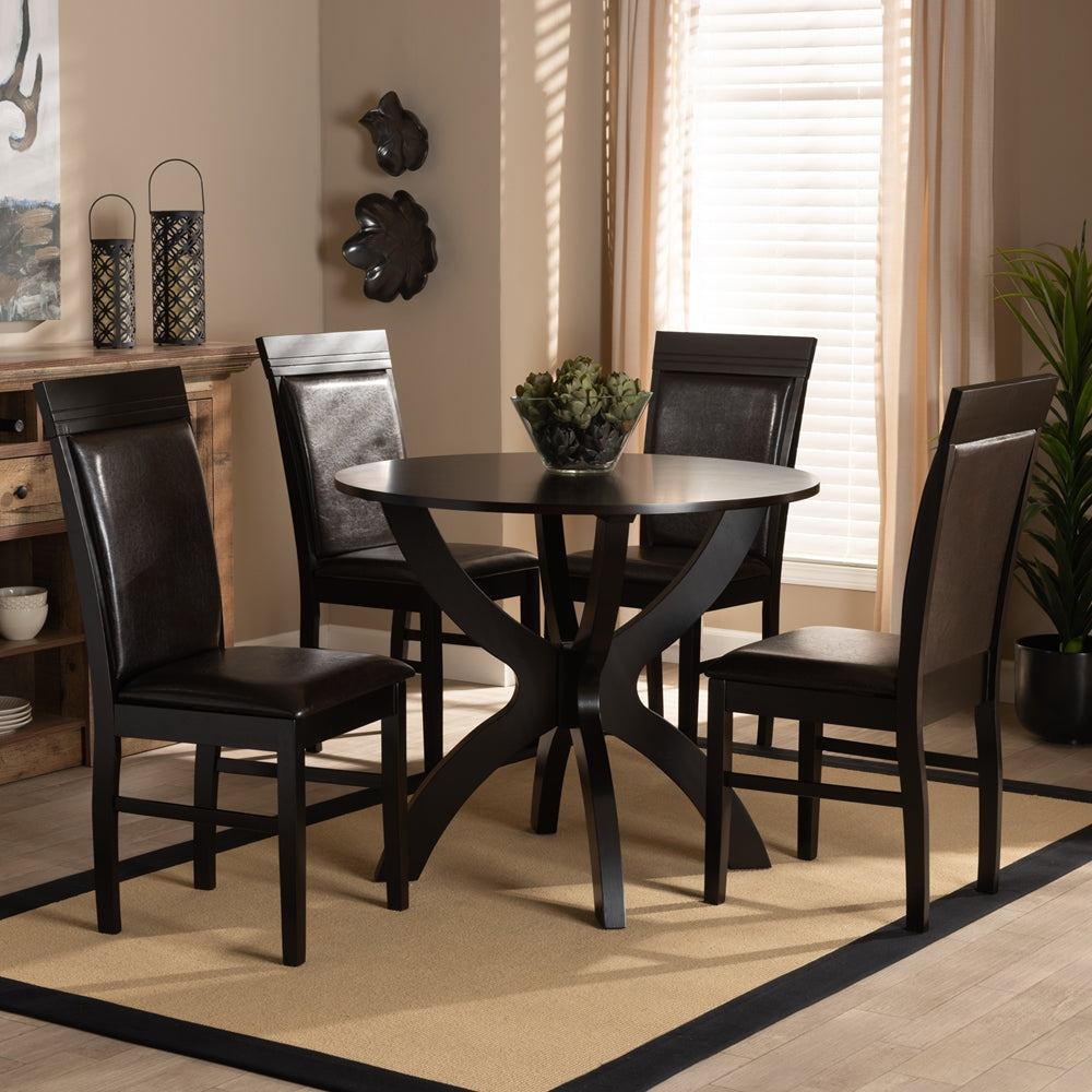 Ancel Modern and Contemporary Dark Brown Faux Leather Upholstered and Dark Brown Finished Wood 5-Piece Dining Set