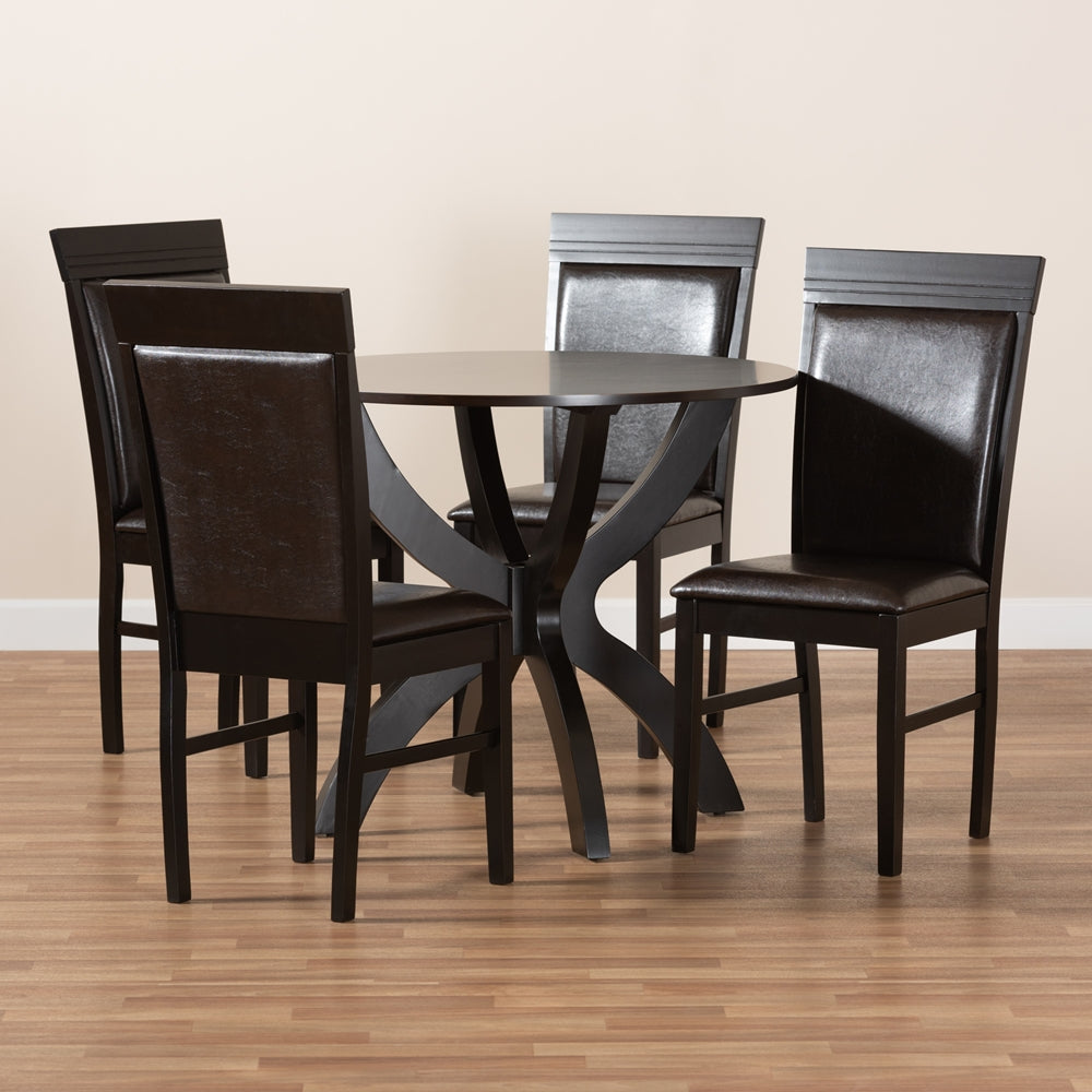 Ancel Modern and Contemporary Dark Brown Faux Leather Upholstered and Dark Brown Finished Wood 5-Piece Dining Set