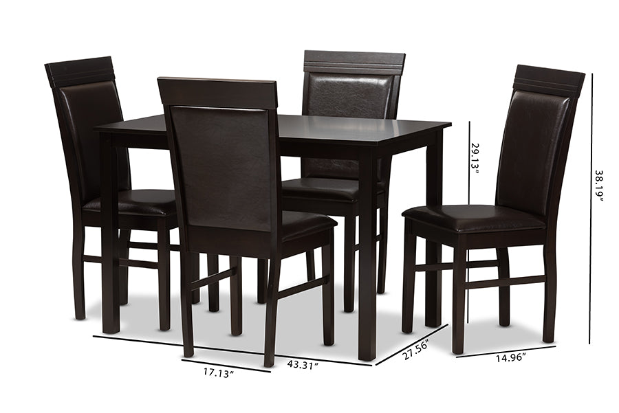 Thea Modern and Contemporary Dark Brown Faux Leather Upholstered 5-Piece Dining Set
