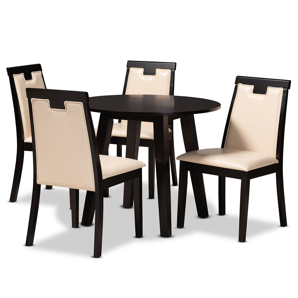 Ryan Modern and Contemporary Beige Faux Leather Upholstered and Dark Brown Finished Wood 5-Piece Dining Set
