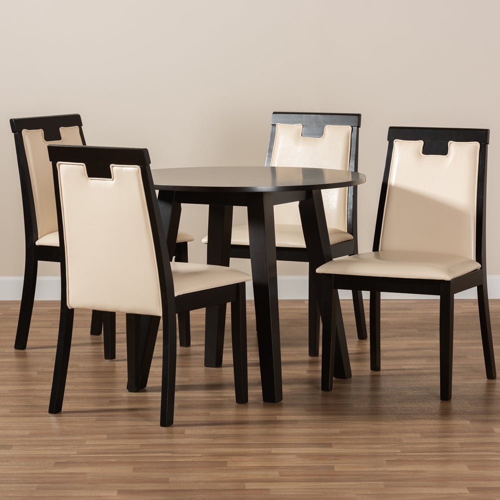 Ryan Modern and Contemporary Beige Faux Leather Upholstered and Dark Brown Finished Wood 5-Piece Dining Set