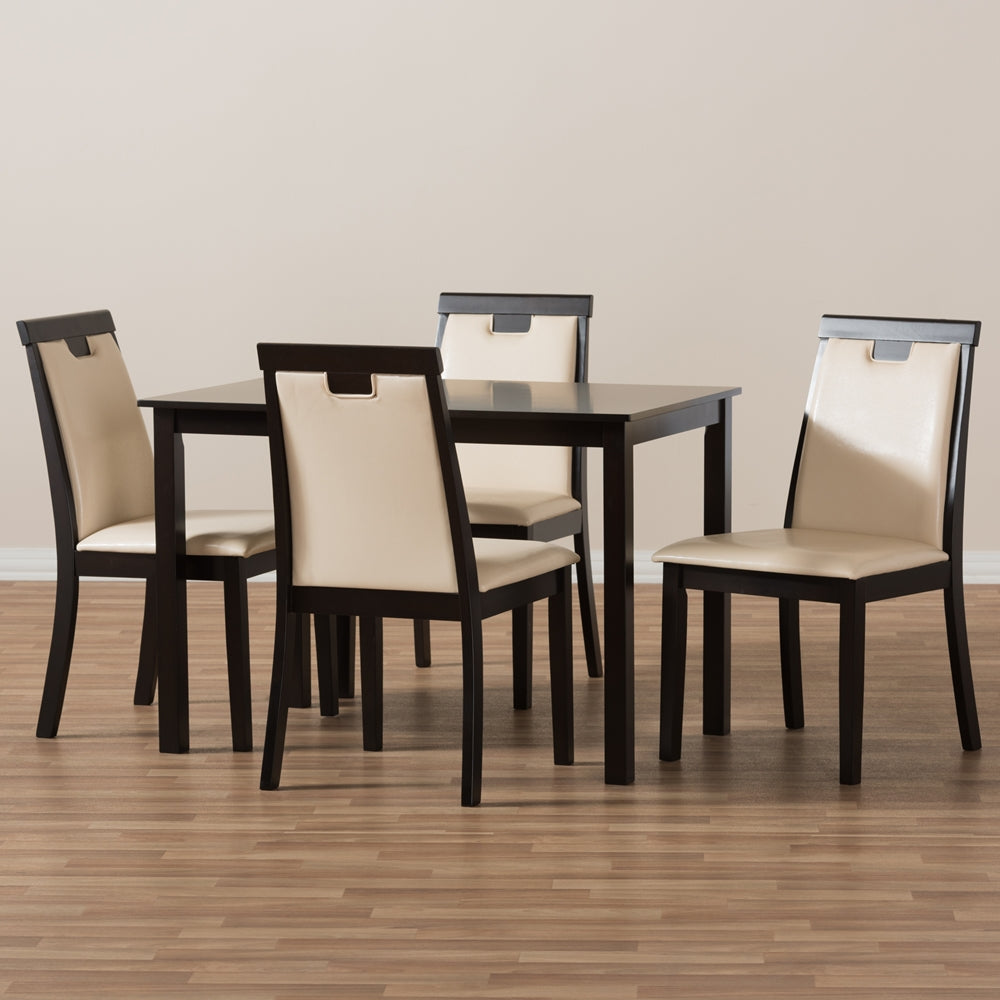 Evelyn Modern and Contemporary Beige Faux Leather Upholstered and Dark Brown Finished 5-Piece Dining Set