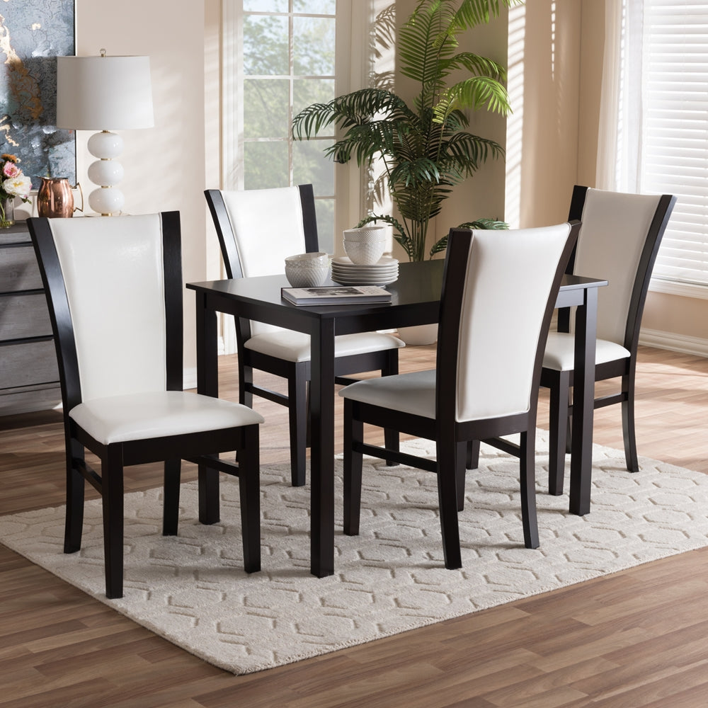 Adley Modern and Contemporary 5-Piece Dark Brown Finished White Faux Leather Dining Set