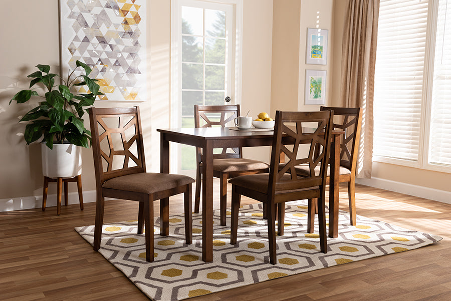 Baxton Studio Abilene Mid-Century Light Brown Fabric Upholstered and Walnut Brown Finished 5-Piece Wood Dining Set